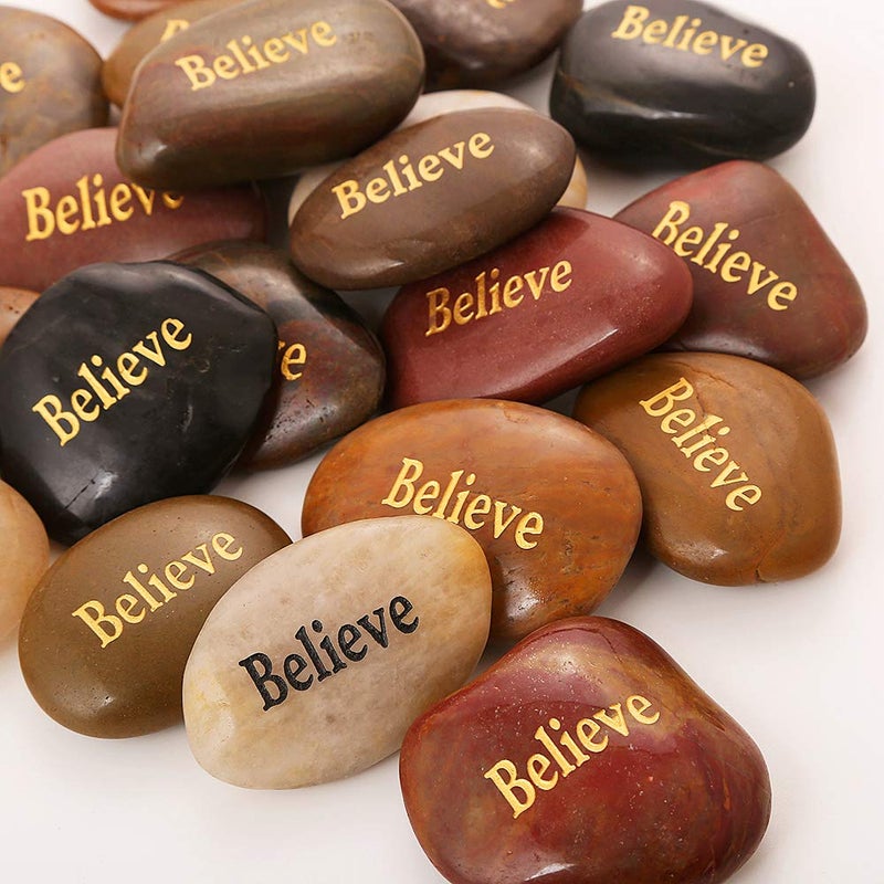 ROCKIMPACT 50PCS Believe Believe Stone Engraved Rocks Inspirational Gifts Prayer Stones Zen Chakra Gratitude Rocks Palm Pocket Motivation Encouragement Rocks Wholesale Believe Rock, 2"-3" Each - Image 1